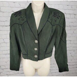 VTG Clarissa Cassandra Green Embroidered Floral Retro Crop Jacket USA Medium M